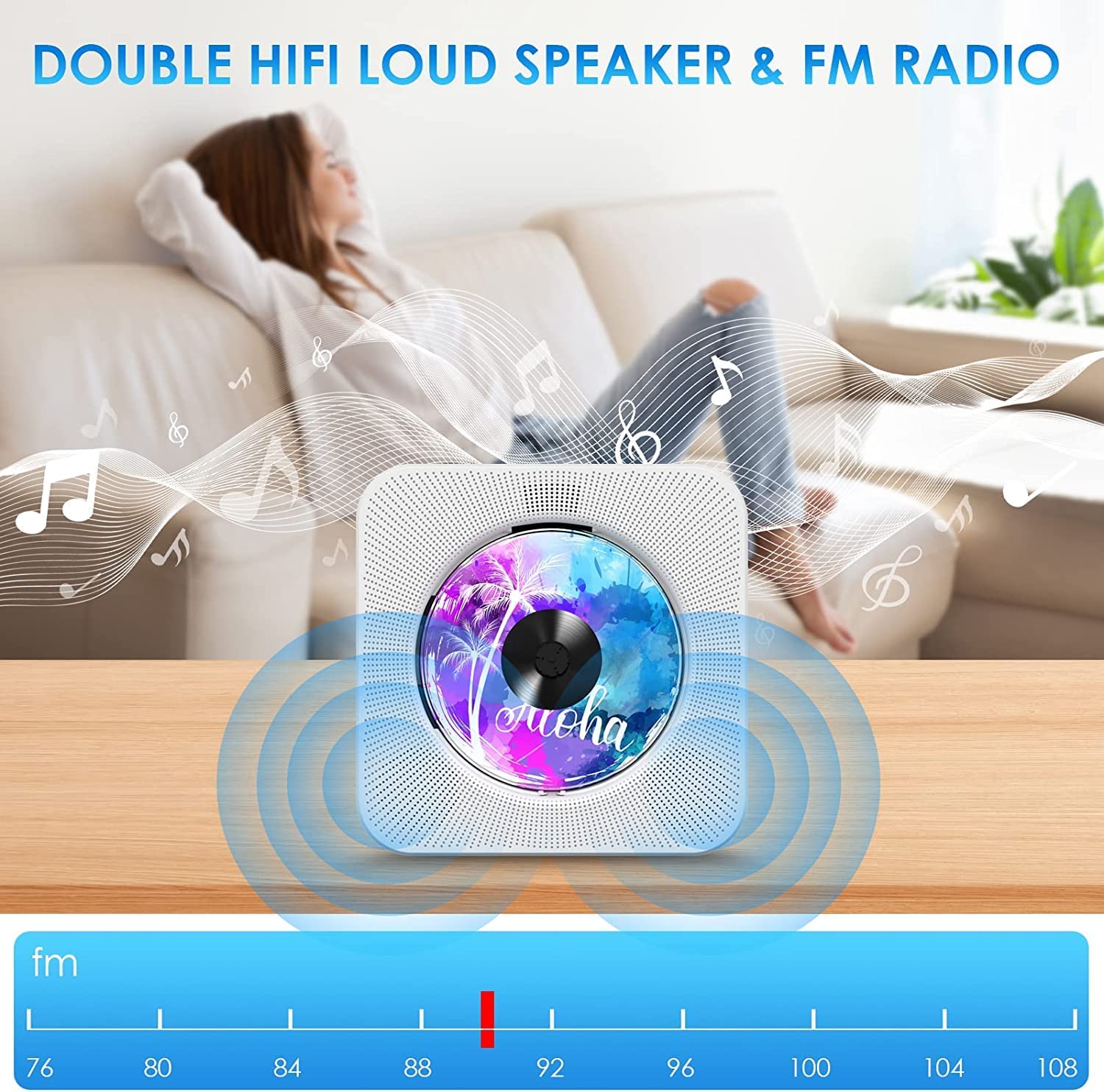 Portable CD Player with Bluetooth HiFi Speakers FM Radio Boombox KC906 White