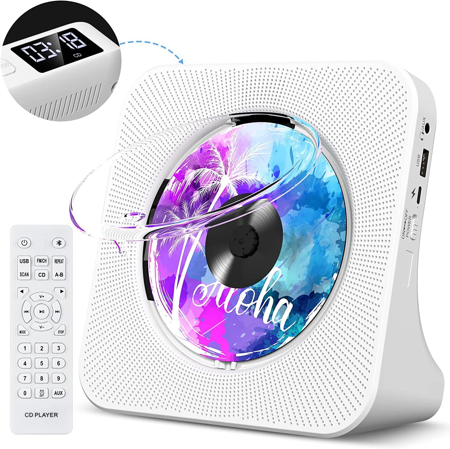 Portable CD Player with Bluetooth HiFi Speakers FM Radio Boombox KC906 White